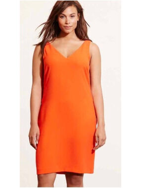 Lauren Ralph Lauren 20W Viena V-Neck Sleeveless Shift Dress Orange Crepe Lined
